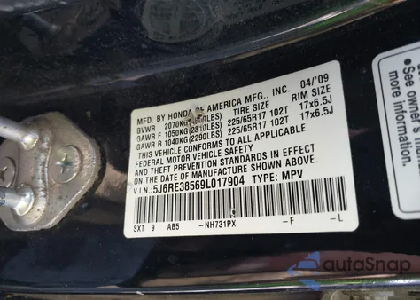 2009 Honda Cr-V Ex z USA, uszkodzony, nr VIN 5J6RE38569L017904